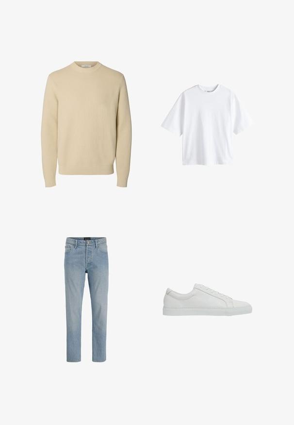 Schlichter beiger Rundhals-Strickpullover mit langen Ärmeln und gerippten Bündchen und Saum.; Next BOXY FIT - HEAVYWEIGHT T-SHIRT . - T-Shirt basic - white; Hellblaue Denim-Jeans mit geradem Schnitt, fünf Taschen, Knopfverschluss und einem leicht ausgewaschenen Finish.; Reiss REGULAR FIT - LUCA TUMBLED - Sneaker low - white