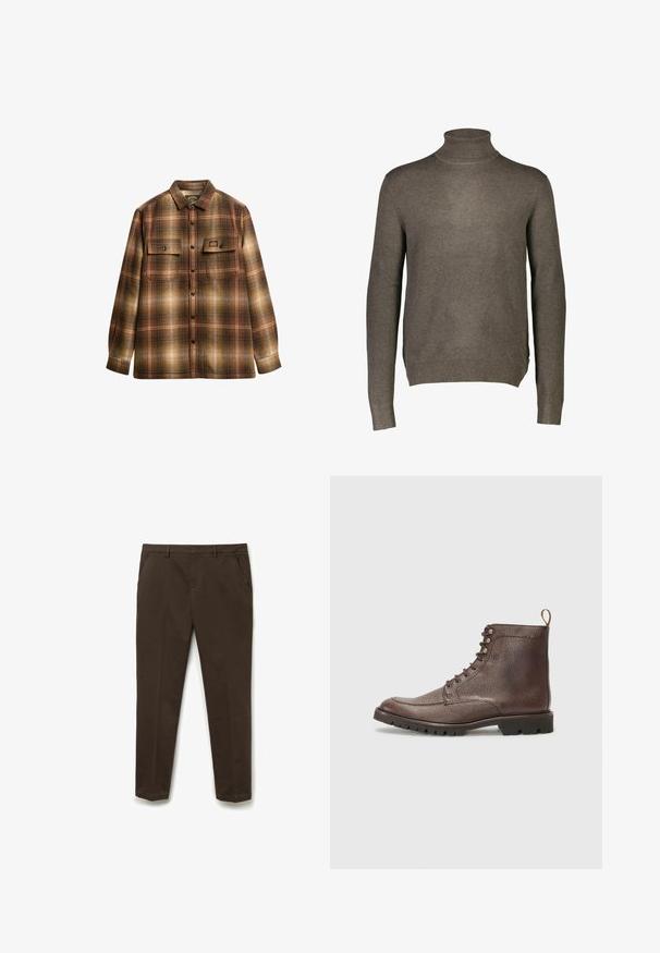 Brun, langærmet turtle neck trøje i blødt strikstof, med en tætsiddende hals og ribbede manchetter og kant. Minimalistisk design, ingen mønstre.; Brun og beige ternet langærmet skjorte med knapper, to frontlommer med klap og krave.; Brune skræddersyede bukser med en glat tekstur, lige pasform, sidelommer og et rent taljede-design. Ingen synlige pynt.; Hackett London SLOANE APRON - Snørestøvletter - dark mocca brown