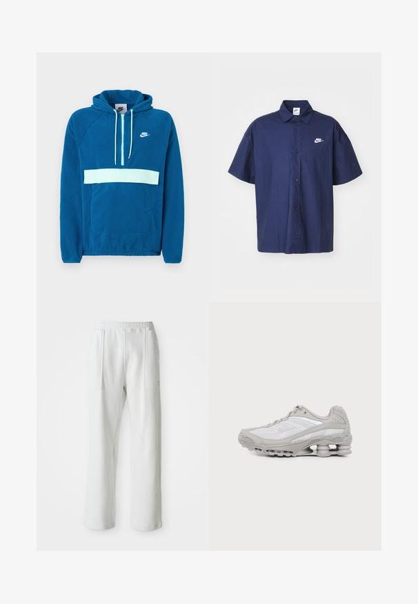Sinise fliisist kapuutsiga sviiter, millel on helesinine paneel ja tasku. Omab känguru taskut ja valget Nike logo rinnal.; Tumesinine lühikeste varrukatega nööpidega särk, millel on kortsus tekstuur ja valge Nike logo vasakul rinnal. Omab standardset kraed ja musti nööpe.; Valged juhuslikud püksid elastse vöökoha ja suurte esipastalaukudega, esitatud ühe lihtsa heleda tausta taustal.; Hall ja valge sportkinga võrkpaneelide, nöörimissüsteemi ja ainulaadse kevadlaadse tallaga, mis pakkub pehmendust ja tuge.