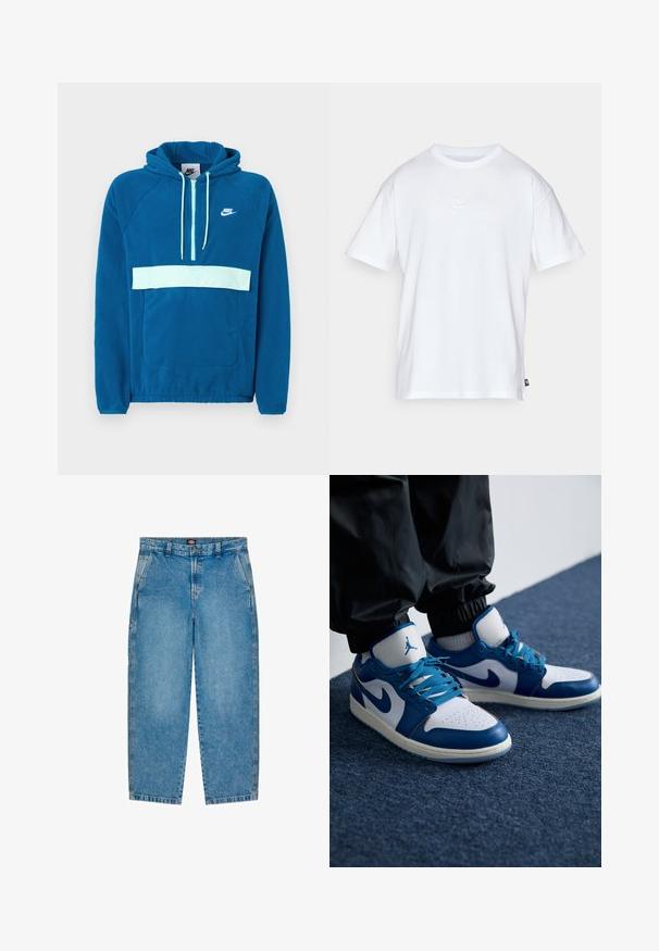 Sinise fliisist kapuutsiga sviiter, millel on helesinine paneel ja tasku. Omab känguru taskut ja valget Nike logo rinnal.; Valge puuvillane t-särk lühikeste varrukatega ja ümmarguse kaelusega. Sellega on kaasas väike, tagasihoidlik Nike logo rinnal ja külgmine silt.; Heledad sinine denimid, millel on sirge sääre disain. Omab ees taskuid, luku sulgemist ja kontrastset õmblust õmblustel.; Nike Air Jordan tennisijalad on valge nahast alus siniste sünteetiliste detailidega, aukudega varbakoht ja sinised paelad.