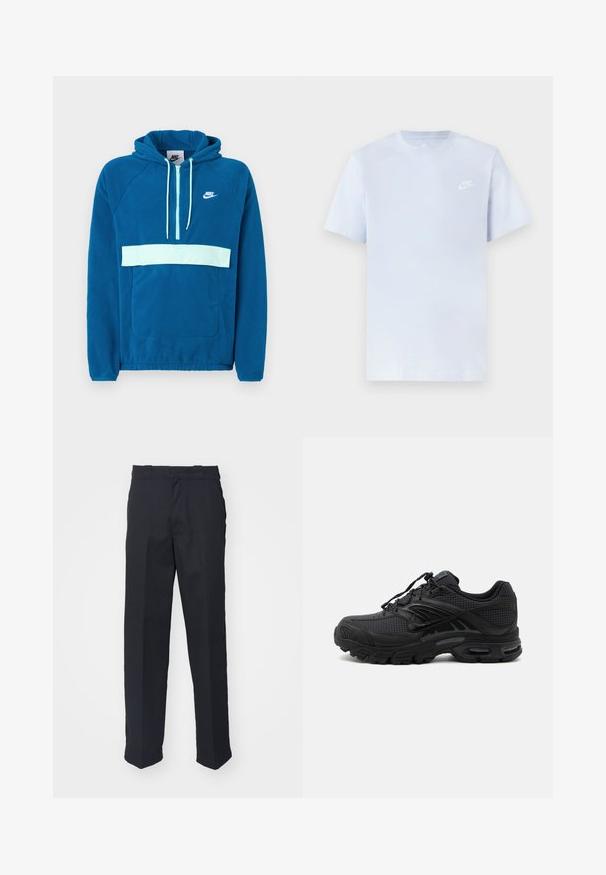 Sinise fliisist kapuutsiga sviiter, millel on helesinine paneel ja tasku. Omab känguru taskut ja valget Nike logo rinnal.; Hele sinine puuvillane t-särk lühikeste varrukatega, ümar kaelus ja valge Nike logo trükituna vasakul rinnal. Sile tekstuur, lihtne disain.; Musta kohandatud püksid sirge lõikega, valmistatud siledast kangast, millel on vöökoht silmadega ja ilma nähtavate mustrite või aksessuaarideta.; Mustad sportlikud tossud tekstuurse kangaga, paksu polsterdatud tallaga, õhuavade ja paeltega kinnitusega, esitatud küljelt hele taust.