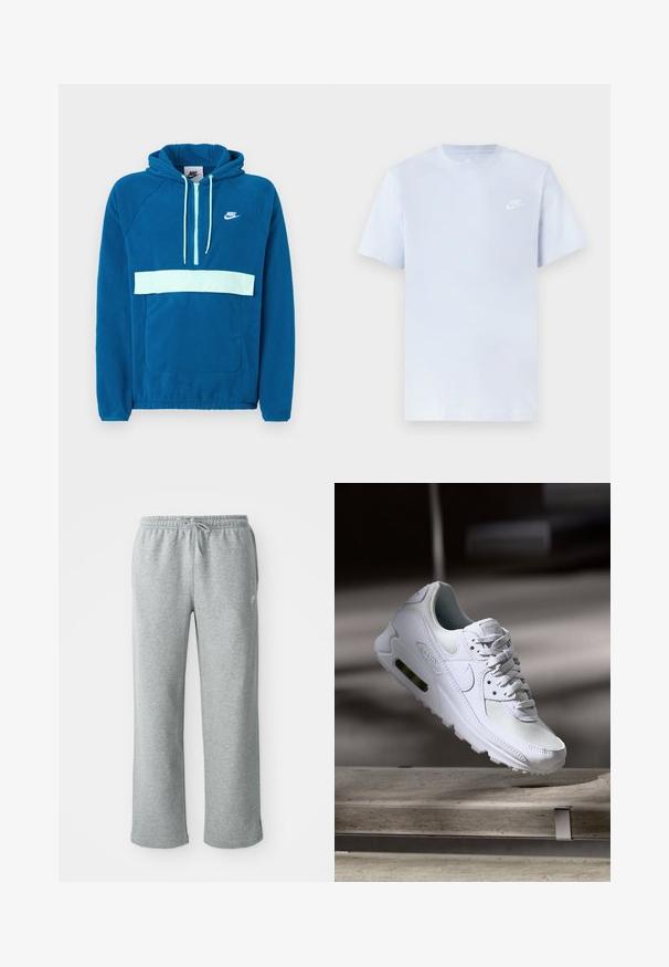 Kapuzensweatshirt aus blauem Fleece mit einem hellblauen Einsatz und Tasche. Verfügt über eine Kangaroo-Tasche und ein weißes Nike-Logo auf der Brust.; Hellblaue Baumwoll-T-Shirt mit kurzen Ärmeln, Rundhalsausschnitt und einem weißen Nike-Logo, das auf der linken Brust gedruckt ist. Glatte Textur, schlichtes Design.; Graue Sweatpants aus Baumwolle mit elastischem Bund, Kordelzugverschluss und geraden Beinen. Verfügt über ein kleines Logo auf der oberen linken Seite.; Weiße Nike Air Max 90 Sneaker mit einem Obermaterial aus Mesh und Leder, durchlässigem Zehenbereich und einer sichtbaren Air-Einheit in der Ferse.