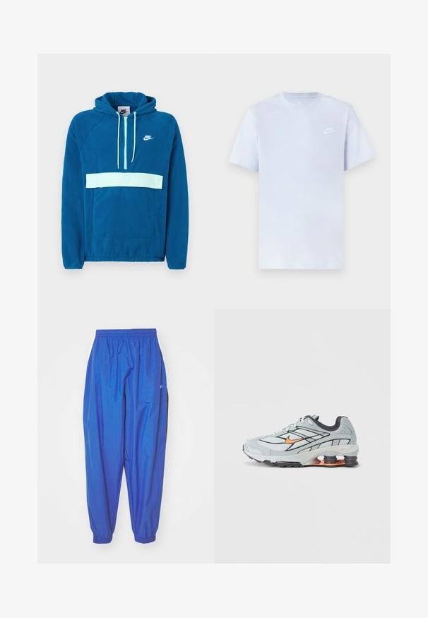Huppari sinisestä fleecestä, jossa on vaaleansininen paneeli ja tasku. Sisältää kengurupocketin ja valkoisen Nike-logon rinnassa.; Vaaleansininen puuvillainen t-paita lyhyillä hihoilla, pyöreä kaula-aukko ja valkoinen Nike-logo vasemmassa rinnassa. Suora pinta, yksinkertainen muotoilu.; Siniset urheiluhousut, jotka on valmistettu kevyestä kankaasta. Housuissa on joustava vyötärö, lahkeet käännetty ja valkoiset sivuraidat.; Vaaleanharmaa juoksukenkä mustilla yksityiskohdilla, oranssilla logolla, verkkopäällisellä, pehmustetulla kauluksella ja kuminauhalla, jossa näkyvät iskunvaimennusyksiköt.