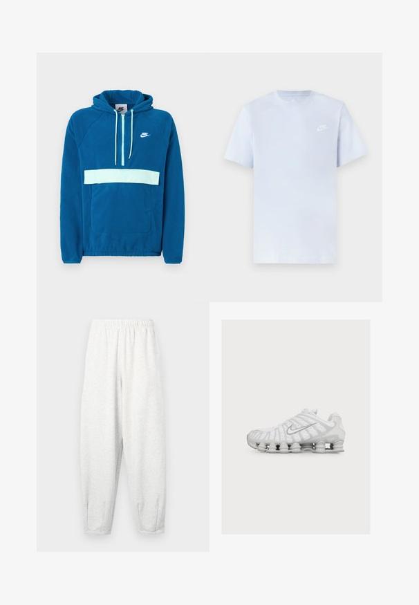 Kapuzensweatshirt aus blauem Fleece mit einem hellblauen Einsatz und Tasche. Verfügt über eine Kangaroo-Tasche und ein weißes Nike-Logo auf der Brust.; Hellblaue Baumwoll-T-Shirt mit kurzen Ärmeln, Rundhalsausschnitt und einem weißen Nike-Logo, das auf der linken Brust gedruckt ist. Glatte Textur, schlichtes Design.; Hellgraue Sweatpants aus weichem Stoff, mit einem elastischen Bund, schmal zulaufenden Beinen und Fußbündchen. Einfaches Design ohne Muster.; Weißer Sportschuh mit einer einzigartigen federähnlichen Sohle und einem silbernen Nike Swoosh-Logo an der Seite, von der Außenseite gezeigt.