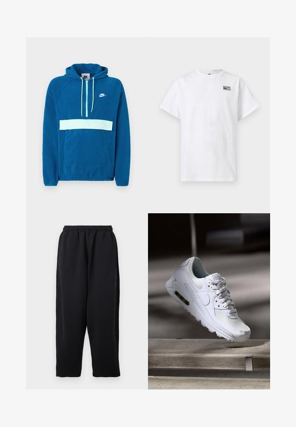 Sweatshirt à capuche en polaire bleue avec un panneau bleu clair et une poche. Comprend une poche kangourou et un logo Nike blanc sur la poitrine.; T-shirt blanc à manches courtes et col rond avec petit logo noir Nike swoosh dans un rectangle sur le côté gauche de la poitrine.; Pantalon de survêtement noir en tissu doux, doté d'une taille élastique, de jambes larges et de poches latérales avec des accents bleus subtils.; Sneaker Nike Air Max 90 blanche avec une tige en mesh et cuir, une boîte à orteils perforée et une unité air visible au talon.