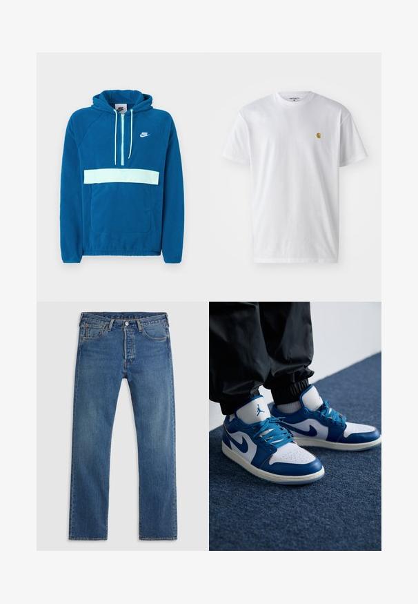 Kapuzensweatshirt aus blauem Fleece mit einem hellblauen Einsatz und Tasche. Verfügt über eine Kangaroo-Tasche und ein weißes Nike-Logo auf der Brust.; Weißes Baumwoll-T-Shirt mit kurzen Ärmeln, Rundhalsausschnitt, mit einem kleinen goldenen Logo im linken Brustbereich. Weicher Stoff und normale Passform.; Blaue geradlinige Jeans aus Denim mit fünf Taschen, Gürtelschlaufen sowie einem Verschluss mit Knopf und Reißverschluss auf einem schlichten Hintergrund.; Die Nike Air Jordan Sneakers verfügen über eine weiße Lederbasis mit blauen synthetischen Akzenten, einer perforierten Zehenbox und blauen Schnürsenkeln.