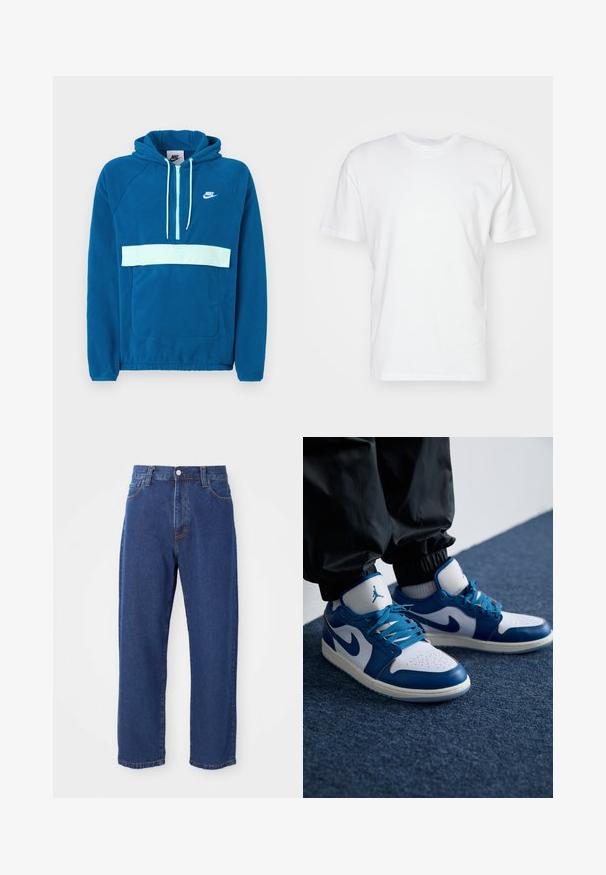Kapuzensweatshirt aus blauem Fleece mit einem hellblauen Einsatz und Tasche. Verfügt über eine Kangaroo-Tasche und ein weißes Nike-Logo auf der Brust.; Weißes Baumwoll-T-Shirt mit kurzen Ärmeln, Rundhalsausschnitt und glatter Textur. Einfaches Design ohne Muster oder Grafiken.; Hoch taillierte blaue Jeans aus Denim, mit geradem Bein, sichtbaren Nähten und einem Frontknopfverschluss.; Die Nike Air Jordan Sneakers verfügen über eine weiße Lederbasis mit blauen synthetischen Akzenten, einer perforierten Zehenbox und blauen Schnürsenkeln.