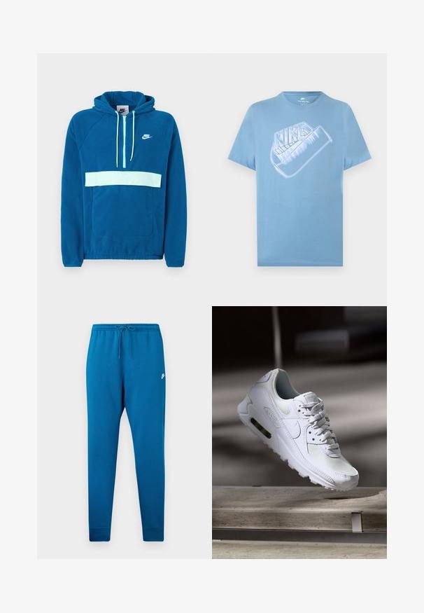 Kapuzensweatshirt aus blauem Fleece mit einem hellblauen Einsatz und Tasche. Verfügt über eine Kangaroo-Tasche und ein weißes Nike-Logo auf der Brust.; Hellblaues Nike-T-Shirt mit kurzen Ärmeln und großem stilisiertem weißen Nike-Logo samt Swoosh-Grafik auf der Brust.; Blaue Sweathosen mit elastischem Bund und verstellbarem Kordelzug. Mit einem weißen Logo auf dem Oberschenkel und tapered Bündchen an den Knöcheln.; Weiße Nike Air Max 90 Sneaker mit einem Obermaterial aus Mesh und Leder, durchlässigem Zehenbereich und einer sichtbaren Air-Einheit in der Ferse.