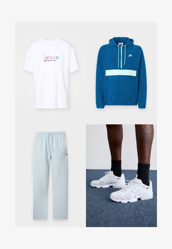 Sinise fliisist kapuutsiga sviiter, millel on helesinine paneel ja tasku. Omab känguru taskut ja valget Nike logo rinnal.; Valge puuvillane T-särk lühikeste varrukatega, mille ees on mitmevärviline tekst "LIHTSALT TEHA." ja Nike'i logo.; Heledast sinised dressipüksid, valmistatud pehmest kangast, millel on elastne vöökohal paelaga ja kaks küljetaskut ning must logo.; Valged spordijalatsid, millel on võrkmaterjalist pealne, tekstuuriga detailid ja pehme tallaga. Koos mustade ribadena sokkidega sinisel vaipkattega pinnal.