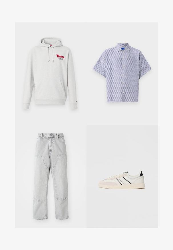 Sudadera gris con cordones, bolsillo frontal y logo rojo "Tommy Jeans, N.Y.". Textura suave y puños acanalados en las mangas y el dobladillo.; Camisa de botones de manga corta en azul claro con un patrón geométrico en azul oscuro. Presenta un collar y un corte relajado. Fabricada con tejido ligero.; Pantalones de mezclilla gris claro con un corte holgado, que presentan grandes bolsillos laterales, costuras visibles y un diseño de pierna recta. Pasadores para cinturón en la cintura.; Zapatilla blanca con detalles en ante beige, franjas negras y azules, y suela de goma texturizada. Presenta una marca en el costado y la lengüeta.