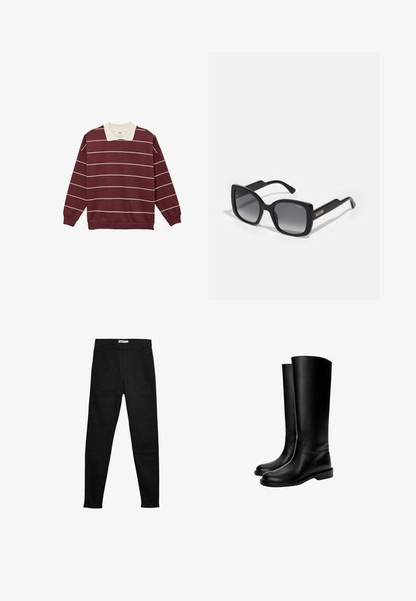 Langærmet vinrød rugbytrøje med hvide vandrette striber og en hvid krave, lagt fladt på en hvid baggrund.; Marks & Spencer HIGH WAISTED - Jeans Skinny Fit - black; Sorte knæhøje læderstøvler med en glat tekstur, rund tå, flad sål og minimalistisk design, der har syede sømme og ingen synlige metaldele.; Sorte plastik solbriller med firkantede stel, gradient grå linser, og 'Moschino' logo i guld på de sorte stænger.