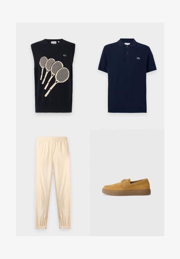 Pull sans manches bleu marine avec un motif de cinq raquettes de tennis en tricot beige et un petit logo Lacoste vert sur la poitrine.; Polo à manches courtes bleu marine avec un col à deux boutons et un petit logo crocodile vert sur le côté gauche de la poitrine.; Pantalon beige clair à taille élastique avec poignets froncés, coupe droite et tissu lisse, présenté sur un fond clair uni.; Chaussures slip-on en suède marron avec une finition texturée, un bout rond et une semelle en caoutchouc contrastante. Présente une marque discrète près du talon.