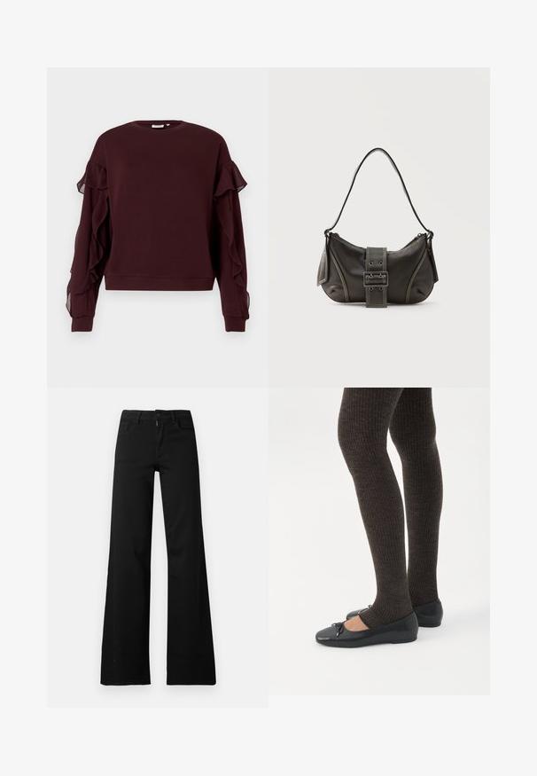 Donker bordeaux lange mouwen sweatshirt met doorzichtige ruches langs de mouwen en geribbelde manchetten en onderkant.; Zwarte hoge taille wijde broek met knoop- en ritssluiting aan de voorkant, riemlussen en voorzakken op een witte achtergrond.; Benen met donkere geribbelde leggings gecombineerd met zwarte ballerina's met kleine strikdetails op een witte achtergrond.; Zwarte leren schoudertas met gespsluiting aan de riem, afgeronde hoeken en contrasterende witte stiksels op een effen achtergrond.
