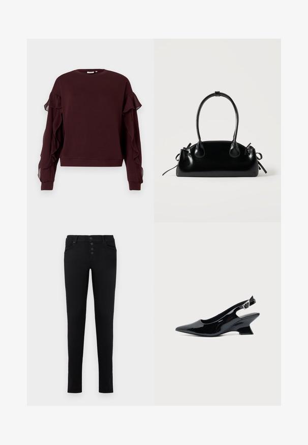 Mørkeburgunder langærmet sweatshirt med gennemsigtig flæsedetalje langs ærmerne samt ribbestrikkede manchetter og kant.; Sorte denim jeans med slim fit, fem lommer og knappelukning. Har en glat tekstur og rene linjer.; Sort laklæder slingback sko med spids tå og lav vinklet blokhæl på ensartet lys baggrund.; Lille sort blank håndtaske med to lange håndtag og snøre-detaljer i siden på en ensfarvet lys baggrund.