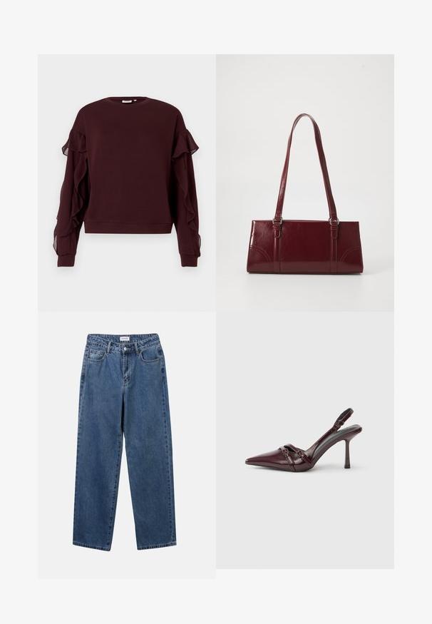 Dunkelburgunderfarbene langärmlige Sweatshirt mit transparenten Rüschendetails an den Ärmeln sowie gerippten Bündchen und Saum.; Klassische blaue Denim-Jeans mit geradem Bein, fünf Taschen und Knopfverschluss. Sie verfügen über eine mittelblau gewaschene Optik und sind aus robuster Textur.; Bordeauxroter Slingback-Pumps aus Lackleder mit spitz zulaufender Vorderkappe, dünnem Knöchelriemen und kleiner dekorativer Schnalle. Glatte Textur und hoher Absatz.; Burgunderfarbene Handtasche aus glänzendem Material, rechteckige Form, mit zwei Schulterriemen und subtilen, geschwungenen Akzenten an der Vorderseite.