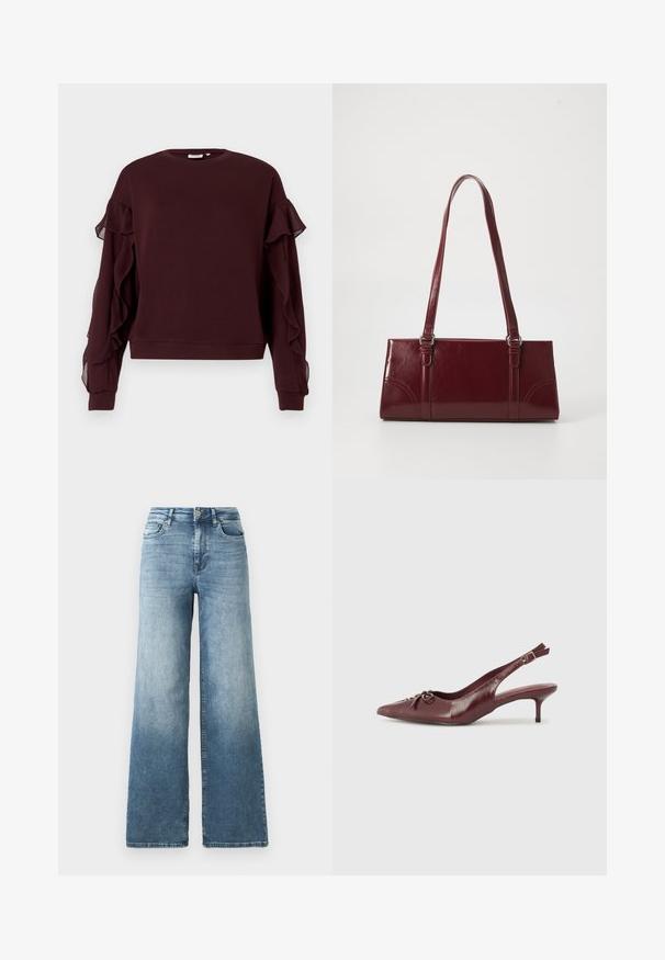 Mørkeburgunder langærmet sweatshirt med gennemsigtig flæsedetalje langs ærmerne samt ribbestrikkede manchetter og kant.; Vide ben jeans i lys blå vask, med høj talje, fem-lomme design og subtil falmen på stoffet. Klassisk metalknap lukning.; Bordeaux læder slingback hæl med spidse tå, justerbar rem og dekorativ sløjfedetalje foran. 7,5 cm hælhøjde.; Bordeaux håndtaske lavet af glansfuldt materiale, rektangulær form, med to skulderremme og subtile buede detaljer på forsiden.