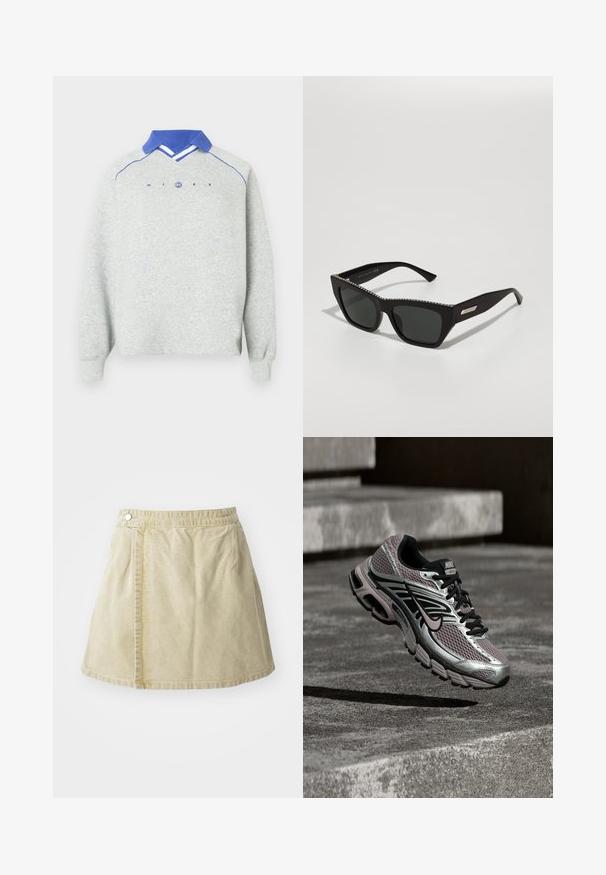 Hellgrauer Langarm-Sweatshirt mit blauem Polo-Kragen, blauen Paspelierungen an den Schultern und dem Schriftzug "NIKE" mit einem runden Logo auf der Brust.; Khakifarbener Minirock aus weichem Stoff, mit seitlichem Knopfverschluss, glatter Textur und leicht ausgestellter Silhouette mit einem Saum oberhalb des Knies.; Nike Air Max Laufschuh mit silbernem, schwarzem und lila Mesh, in der Luft schwebend über einer Betonfläche und Treppen.; Schwarze Sonnenbrille mit einem markanten Katzenaugen-Design, grauen Gläsern und einem mit Kristallen verzierten Rahmen. Verfügt über stabile, schräg angeordnete Bügel mit einem dekorativen Metall-Logo.