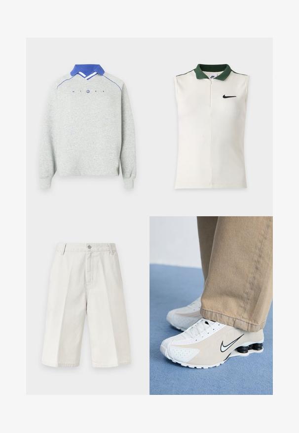Lichtgrijze sweatshirt met lange mouwen, blauwe polo-kraag, blauwe piping op de schouders en "NIKE"-tekst met een cirkelvormig logo op de borst.; Mouwloos wit Nike-topje met geribbelde textuur, donkergroene kraag, halve rits en zwarte Nike-swoosh op de borst.; Lichtbeige knielange korte broek met subtiele verticale krijtstrepen, ceintuurlussen, knoop aan de voorkant en ritssluiting.; Witte en beige Nike sneakers met geperforeerd ontwerp, zwart swoosh-logo, textuur bovenkant en een kenmerkende veerkrachtige zwarte hak.