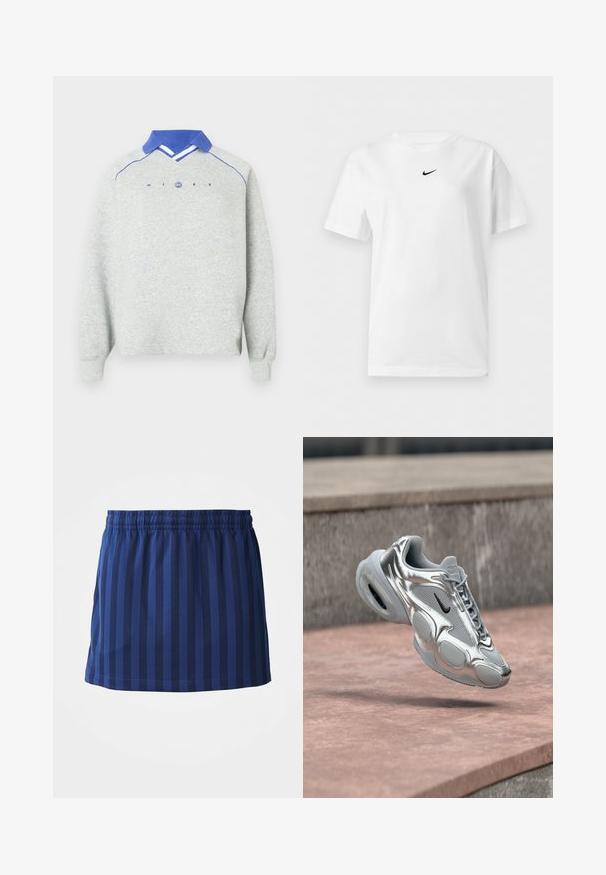 Hellgrauer Langarm-Sweatshirt mit blauem Polo-Kragen, blauen Paspelierungen an den Schultern und dem Schriftzug "NIKE" mit einem runden Logo auf der Brust.; Weißes T-Shirt mit kurzen Ärmeln und Rundhalsausschnitt, mit einem kleinen schwarzen Nike Swoosh-Logo zentriert nahe dem Kragen.; Marineblauer Rock mit vertikalen Streifen, elastischer Taille, mittellange Länge, aus leichtem Stoff, glatte Textur.; Silberner und grauer Nike Air Sneaker mit schwarzem Swoosh, der über einer rosafarbenen Betonfläche und einem steinernen Absatz im Hintergrund schwebt.