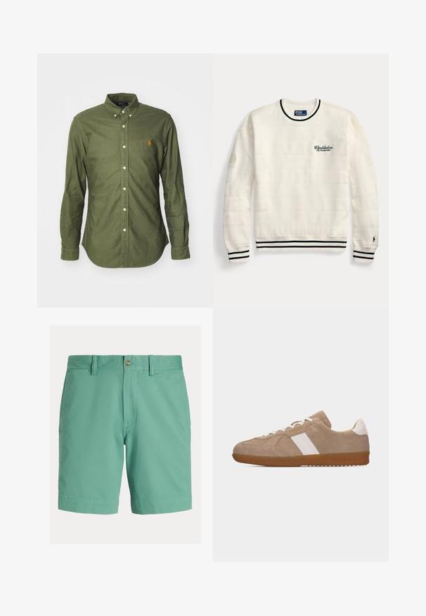 Biely sveter s dlhými rukávmi s výšivkou Wimbledon, textúrované horizontálne pruhy, zelený a biely pruhovaný golier, manžety a lem, štítok Polo Ralph Lauren.; Olivovo zelená košeľa na gombíky vyrobená z bavlny, s klasickým golierom, dlhými rukávmi a vyšívaným logom v oranžovej farbe na hrudi.; Pánske šortky svetlo zelenej farby, vyrobené z bavlnenej zmesi. Majú rovný predný diel, zapínanie na gombík, očká na opasok a bočné vrecká. Hladká textúra.; Béžová semišová teniska s bielymi bočnými pruhmi, bielym pútkom na päte, bielymi šnúrkami, gumovou podrážkou a malým zlatým logom "Polo" na boku.