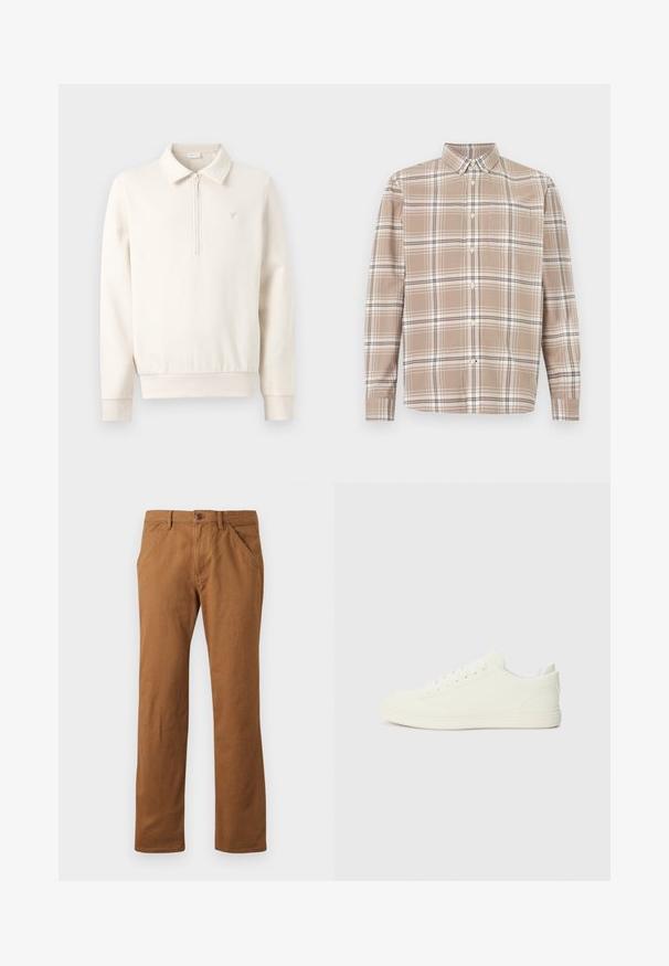 Langærmet pullover i cremefarve med kvartlynlås, krave, ribstrikkede manchetter og et lille broderet logo på venstre bryst.; Beige ternet skjorte med knapper, lange ærmer, knappet krave og brystlomme på hvid baggrund.; Brune bomuldsbukser med lige pasform, udstyret med knaplukning, sidelommer og en glat tekstur. Velegnet til hverdag.; Hvide sneakers med en glat overflade, rund tå og traditionel snøring, med et minimalistisk design og gummisål.