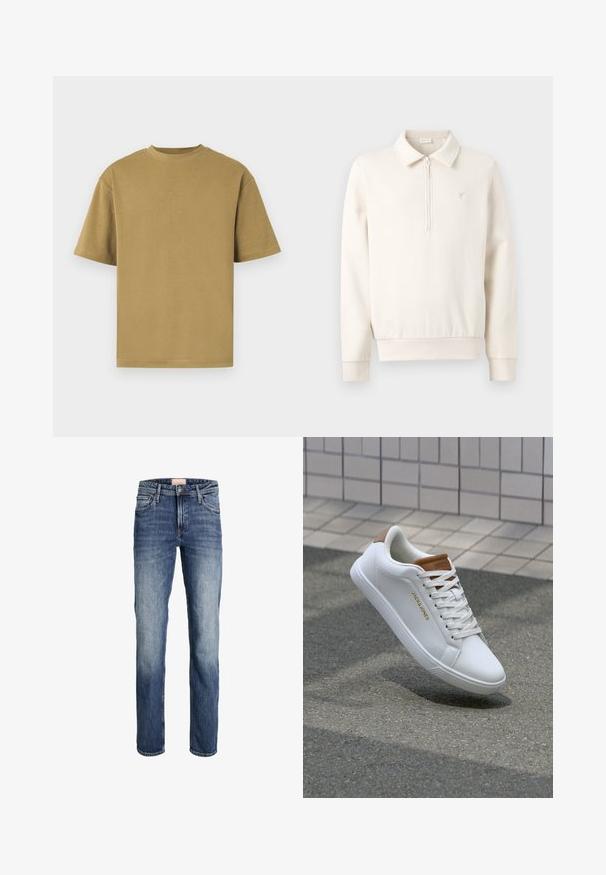 Kreemivärviline pika varrukaga pullover, millel on kvartist lukuga kaelus, soonikkoes mansetid ja vasakul rinnal väike tikitud logo.; Khaki lühikese varrukaga T-särk, valmistatud pehmest puuvillast, ümmarguse kaelusega ja vaba lõikega. Sile tekstuur, ilma nähtavate mustrite või aktsentideta.; Sirgeda sinine teksapüks, millel on kerge kulumine reitel ja põlvedel, ees nööp ja tõmblukk, ning viie tasku disain.; Valged nahast tennisetossud siledalt tekstuurilt, pruuni aktsendiga kontsaribal, kuldne logo küljel ning kummist tallaosaga, millel on tekstureeritud haardumine.