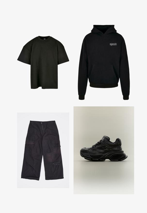 Sudadera con capucha negra de tejido suave, con un bolsillo delantero y un logo blanco en el pecho. Puños y dobladillo acanalados.; Camiseta negra de corte oversized en suave algodón. Presenta un cuello redondo y mangas cortas, con una textura suave y un diseño minimalista.; Pantalones cargo negros de pierna ancha con múltiples bolsillos y una rasgadura desgastada en el muslo derecho, colocados planos sobre un fondo blanco.; Zapatilla deportiva negra y gruesa con diseño texturizado, suela gruesa y cierre de cordones mostrada sobre un fondo neutro y sencillo.