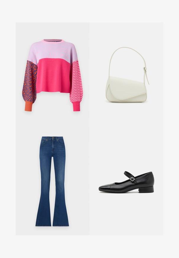 ONLY ONLHILLA MIX BOX ONECK - Pullover - raspberry sorbet; Jean flare en denim bleu foncé, taille haute avec un haut ajusté et des bas évasés larges, comportant un léger effet délavé et une couture classique.; Chaussures Mary Jane en cuir noir avec un embout en vernis, une sangle cheville réglable et un petit talon carré. Texture lisse et design élégant.; Sac à main en cuir synthétique blanc avec une forme triangulaire structurée, une bandoulière unique réglable et un rabat à courbes accentuées.