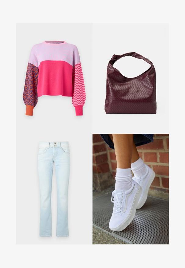 ONLY ONLHILLA MIX BOX O NECK - Strickpullover - raspberry sorbet; Helle blaue Schlagjeans aus Denim mit einem zwei Knopfverschluss, fünf Taschen und sanften Auswaschungen im gesamten Stoff.; Weiße Leinensneaker mit Gummisohlen, ausgestattet mit sechs Ösen, runder Zehenpartie und dezenten Nähten, kombiniert mit weißen Knöchelsocken.; Bordeauxfarbene Tasche mit einer strukturierten, gewebten Musterung, weichem Leder und einem einzelnen, verknoteten Griff. Geräumiges Hobo-Design.