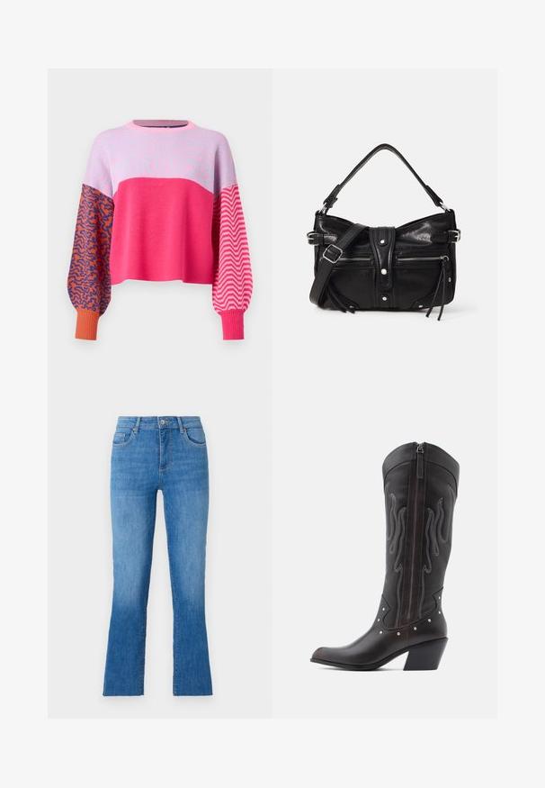 ONLY ONLHILLA MIX BOX ONECK - Striktrøje - raspberry sorbet; Blå denimjeans med en bred bukseben, der har en mellemhøj talje, fem lommer og en klassisk sølvknaplukning. Glat tekstur.; Brune læder cowboystøvler med flammebroderi, sidelukning med lynlås, sølvnitter, spids snude og lagdelt hæl.; Even&Odd by Zalando H24462 - Håndtasker - black