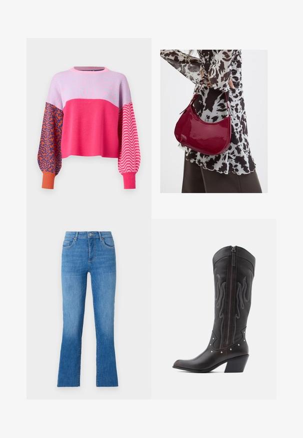 ONLY ONLHILLA MIX BOX ONECK - Strickpullover - raspberry sorbet; Blaue Jeans aus Denim mit ausgestelltem Bein, featuring eine mittlere Taille, fünf Taschen und einem klassischen silbernen Knopfverschluss. Glatte Textur.; Braune Cowboy-Stiefel aus Leder mit Flammenstickerei, seitlichem Reißverschluss, silbernen Nieten, spitzer Zehenpartie und geschichtetem Absatz.; Frau trägt eine schwarz-weiß gemusterte Bluse und hält eine glänzende rote Schultertasche vor einem einfarbigen Hintergrund.