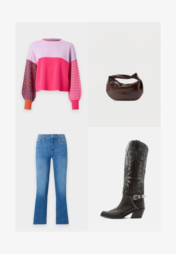 ONLY ONLHILLA MIX BOX ONECK - Pullover - raspberry sorbet; Jeans en denim bleu avec une jambe évasée, dotés d'une taille mi-haute, de cinq poches et d'une fermeture à bouton argent classique. Texture lisse.; Botte de cowboy en cuir noir avec découpes décoratives, boucle argentée et talon incliné, présentée sur fond blanc.; Sac bandoulière en cuir marron foncé avec une forme souple et décontractée et une anse nouée torsadée sur un fond blanc uni.
