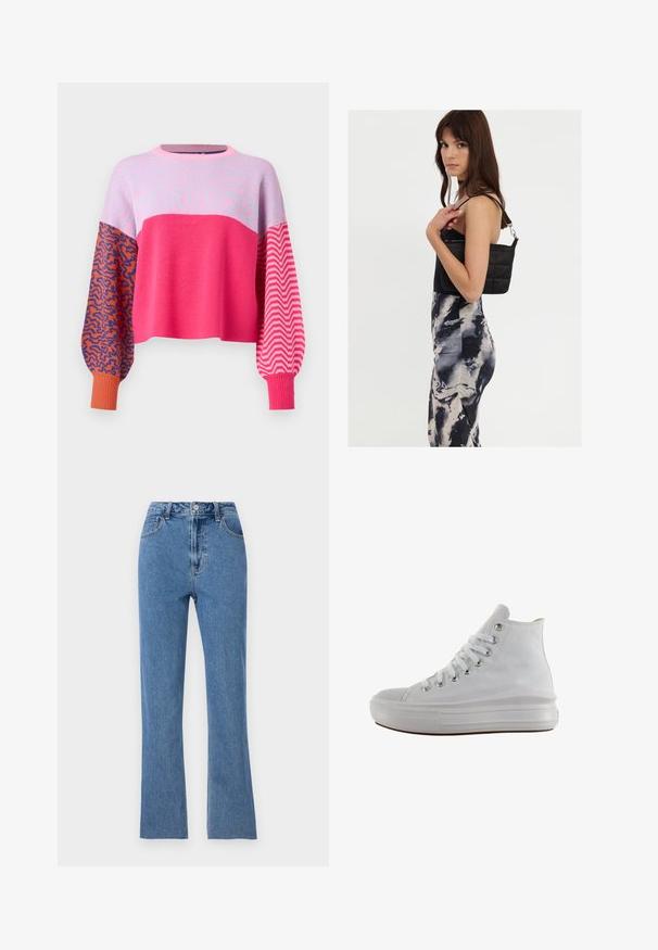 ONLY ONLHILLA MIX BOX ONECK - Jersey de punto - raspberry sorbet; Jeans ajustados de color azul fabricados en denim, con una cintura alta, piernas acampanadas y sutiles detalles de costura. Diseño clásico de cinco bolsillos.; Zapatilla de lona blanca de caña alta con cordones blancos, ojales metálicos, suela gruesa de goma y puntera texturizada, mirando hacia la izquierda sobre un fondo blanco.; Bolso de hombro negro acolchado con una sola correa y herrajes plateados, combinado con un vestido ajustado de patrón tie-dye en tonos de negro y crema.