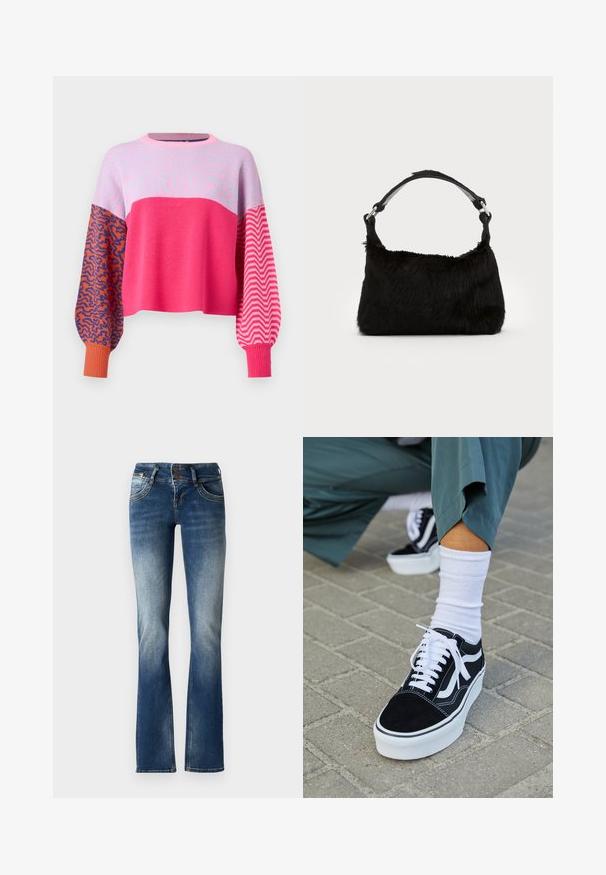 ONLY ONLHILLA MIX BOX ONECK - Striktrøje - raspberry sorbet; Blå denim flared jeans med en let falmet vask, to-knaps lukning og dekorativ broderi på forlommerne.; Sorte ruskinds sneakers med hvide accenter og snørebånd, der har en tyk hvid sål og kontrasterende syninger, parret med en hvid sok.; Sort faux fur håndtaske med en blød tekstur, rund form og en robust skulderrem i sort læder. Synlige sølvhardware-detaljer.