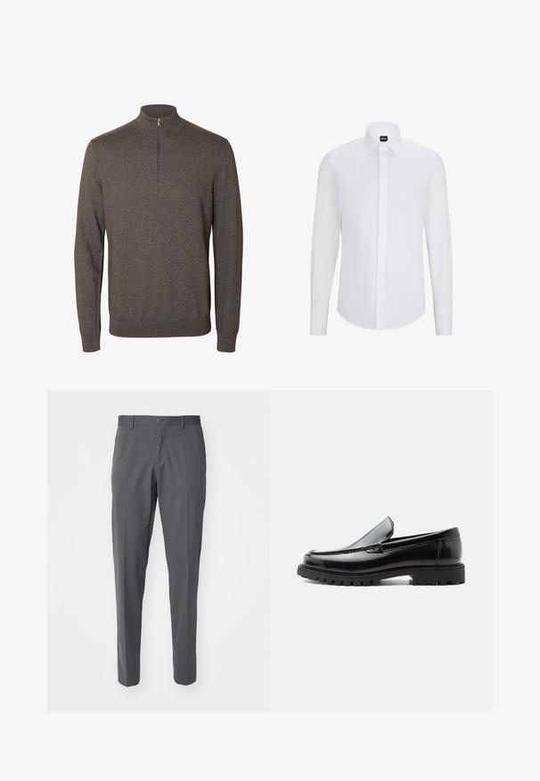 Jersey marrón de manga larga con cuello con media cremallera y puños y bajo acanalados sobre un fondo blanco.; Camisa blanca de manga larga con botones y cuello puntiagudo, hecha de tela suave, con tapeta frontal y dobladillo redondeado.; Pantalones grises hechos de una tela suave, con cierre de botón, bolsillos delanteros y un diseño ajustado.; Mocasín de cuero negro con suela de goma gruesa, empeine cosido y nombre de la marca en relieve en el talón, mostrado en perfil lateral sobre fondo blanco.
