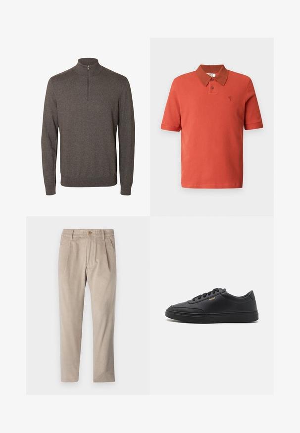 Langærmet brun sweater med halv lynlås krave og ribbet manchetter og kant på hvid baggrund.; Kortærmet polo i murstensrød, tekstureret stof, med en kontrasterende brun krave, to knapper og et broderet logo.; Beige kordfløjspants med elastisk talje, knaplukning og plisseelementer, har et lige ben-design og struktureret stof.; Sorte lædersneakers med en glat overflade, rund tå, flad gummisål og tonede snørebånd. Udstyret med guld "BOSS" branding på siden.