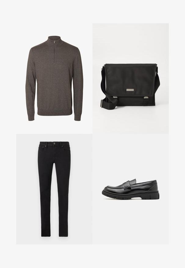 Bruine trui met lange mouwen, een halve ritssluiting kraag en geribbelde boorden en zoom op een witte achtergrond.; Zwarte slim-fit jeans met vijf zakken, knoopsluiting en riemlussen, plat weergegeven op een witte achtergrond.; Zwarte leren instapper met een brede band over de voet, rubberen zool met dikke noppen en een gladde textuur. Klassiek, strak ontwerp.; Zwarte schoudertas gemaakt van nylon met een matte afwerking. Voorzien van een klep met sluiting, een verstelbare schouderband en een klein metalen logo plaatje.