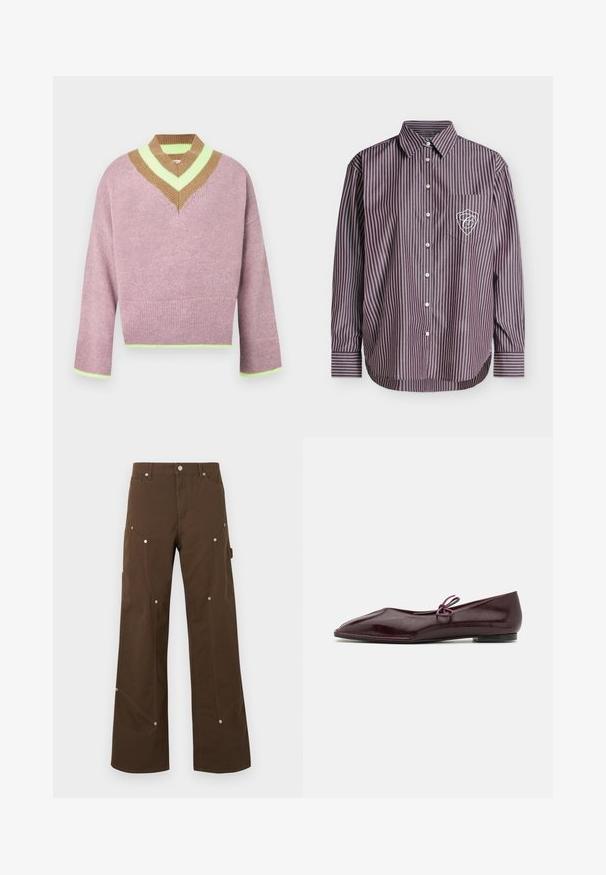 V-hals cropped sweater i blød pink med brune og grønne striber ved halsudskæringen og kanterne. Tekstureret stof med løstsiddende ærmer.; Skjorte med lange ærmer og knapper, med lodrette hvide og mørkerøde striber og en lille hvid broderet logo på venstre brystlomme.; Brune bukser med lige ben, for- og sidelommer, sølvnitter, bærestropper og lukning med knap på hvid baggrund.; Ballethæle i bordeaux laklæder med spids tå og en dekorativ lilla sløjfe på forfoden; flad såldesign.