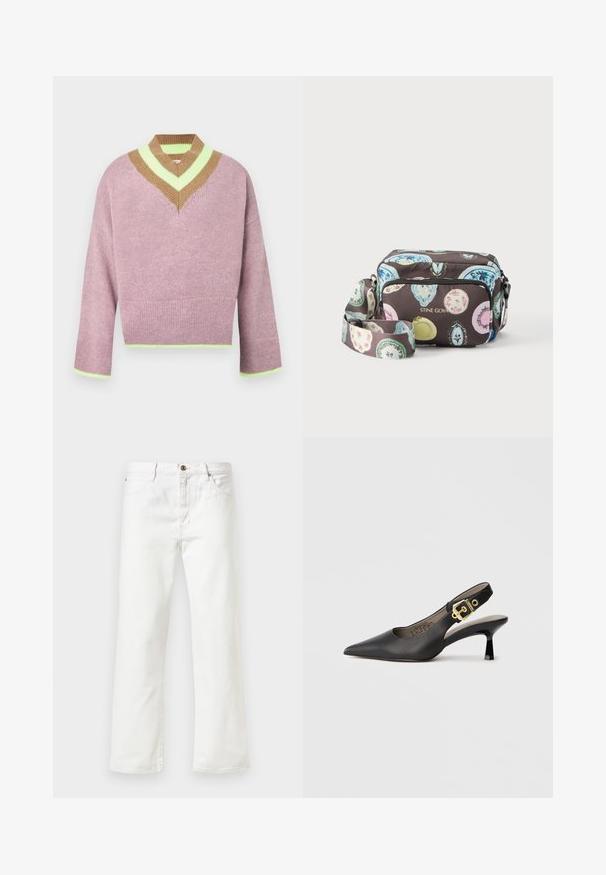 Pull court col en V en rose doux avec des rayures marron et vertes au niveau de l'encolure et des bordures. Tissu texturé avec des manches amples.; Jeans en denim blanc avec une coupe droite, dotés d'une fermeture à bouton et d'un style à cinq poches. Texture lisse et détails minimaux.; Chaussure à talon haut noire à bride arrière, avec un bout pointu, une texture en cuir lisse et une accent de boucle dorée sur la bride.; Sac bandoulière avec motifs ovales colorés sur fond sombre, poche avant zippée et bandoulière réglable, marqué "STINE GOYA" en lettres dorées.