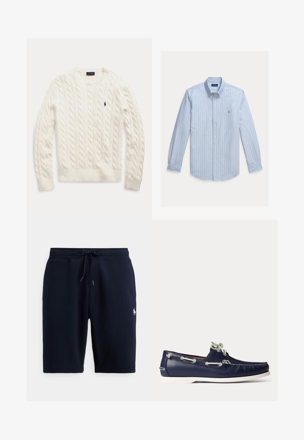 Pull blanc à manches longues en maille torsadée, col rond et petit logo Polo Ralph Lauren bleu foncé sur la poitrine gauche.; Chemise bleu clair à manches longues avec rayures verticales blanches et petit logo Polo Ralph Lauren brodé sur la poitrine.; Shorts de sport en coton bleu marine avec taille élastique, cordon de serrage et logo sur le côté gauche. Texture lisse, longueur au genou.; Chaussure bateau en cuir bleu marine avec lacets et coutures blancs, dotée d'une semelle en caoutchouc blanche et d'œillets métalliques sur fond clair.