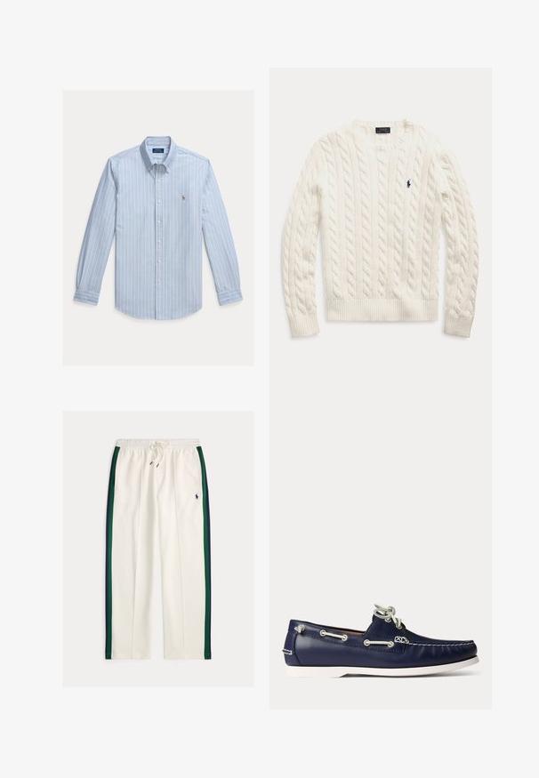 Biely sveter s dlhým rukávom so vzorom vrkoča, s okrúhlym výstrihom a malým tmavomodrým logom Polo Ralph Lauren na ľavej strane hrudníka.; Svetlomodrá košeľa s dlhým rukávom na gombíky s bielymi vertikálnymi pruhmi a malým vyšívaným logom Polo Ralph Lauren na hrudi.; Biele tepláky so sťahovacou šnúrkou, námorníckymi modrými a zelenými bočnými pruhmi a malým námorníckomodrým logom hráča póla na pravom stehne.; Tmavomodrá kožená topánka na loď s bielymi šnúrkami a švami, s bielou gumovou podrážkou a kovovými očkami na svetlom pozadí.