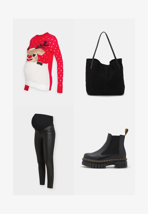 Vero Moda Maternity VMMICELAND XMAS - Trui - chinese red; Zwarte zwangerschapsleggings met voorpanelen van kunstleer en rekbare stof over de buik voor comfort en ondersteuning tijdens de zwangerschap.; Zwarte chelsea enkellaars gemaakt van leer en elastiek. Voorzien van een robuuste rubberen zool, gele stiksels en een trekband achteraan.; Zwarte suede tote bag met twee lange, platte leren handvatten. Heeft een gebogen bovenrand en zichtbare stiksels aan de voorkant. Geen hardware-accenten.