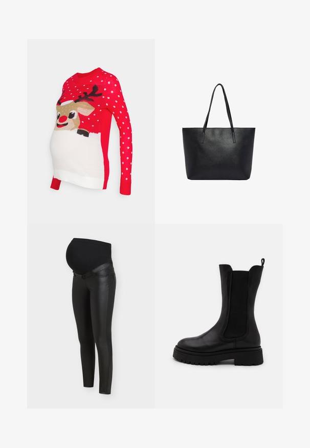Vero Moda Maternity VMMICELAND XMAS - Striktrøje - chinese red; Sorte graviditetsleggings med paneler foran i imiteret læder og strækbart stof over maven for graviditetskomfort og støtte.; Sorte ankelhøje støvler i glat læder med elastiske sidepaneler. Tykk gummisål med mønster og en tekstiltrækstrop bagpå.; Sort tekstureret lædertaske med to lange skulderremme, rektangulær form og åben top.