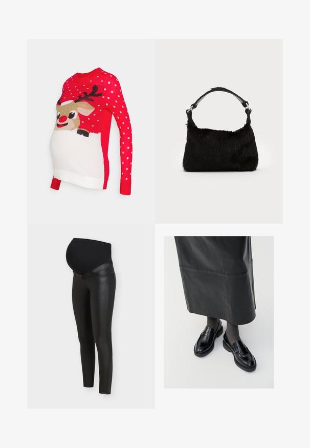 Vero Moda Maternity VMMICELAND XMAS - Strickpullover - chinese red; Schwarze Umstandsleggings mit vorderen Einsätzen aus Kunstleder und dehnbarem Stoff über dem Bauch für Komfort und Unterstützung während der Schwangerschaft.; Schwarze Lederloafers mit glatter Oberfläche, verziert mit einem dekorativen Riemen, runder Zehenpartie und texturierten Sohlen. Getragen mit einem langen schwarzen Lederrock.; Schwarze Kunstfell-Handtasche mit weicher Textur, runder Form und einem stabilen schwarzen Leder-Schulterriemen. Sichtbare silberne Hardware-Akzente.