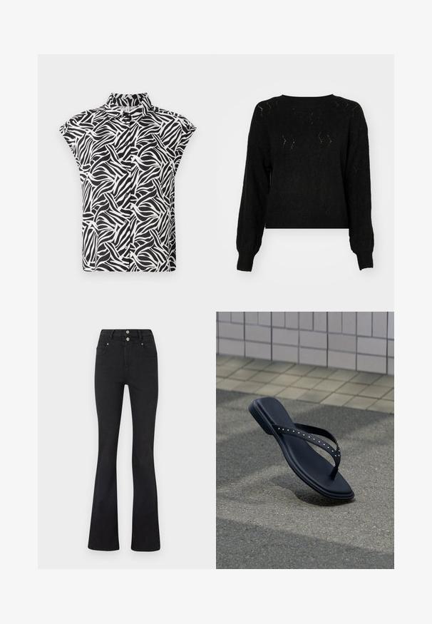 Vero Moda VMYEN ONECK - Džemper - black; Lühikeste varrukatega särk musta ja valge värviga, millel on laineline muster. Valmistatud kergest kangast, millel on kraega dekoltee ja nööpdetail.; Mustad kõrge vöökoht, flared säärega mustad teksad, ees taskud, vöökohakangid ja kaks hõbedast nuppu vööümbrises.; Mustad kaunistatud rihmadega plätu, mis ripub asfaldist kõnnitee kohal plaaditud seina ääres.