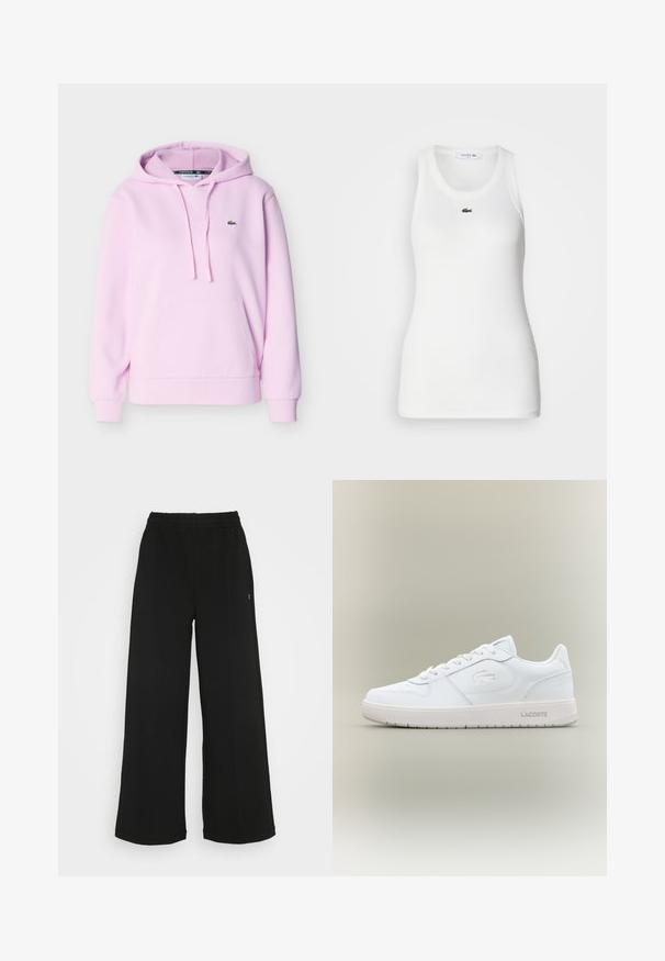 Hellrosa Kapuzenpullover mit Vordertasche, Kordelzug, gerippten Bündchen und kleinem grünen Krokodil-Logo auf der Brust.; Weißes ärmelloses Tanktop mit rundem Halsausschnitt und geripptem Material. Auf der Brust befindet sich ein kleines grünes Lacoste-Krokodil-Logo.; Schwarze weit geschnittene Hose mit einem elastischen Bund. Hergestellt aus einem weichen, leichten Material. Mit vertikalen Nähten an der Vorderseite.; Weiße Ledersneaker mit glatter Oberfläche, runder Zehenpartie, Schnürsenkeldesign und einem dezent geprägten Logo an der Seite. Verfügt über eine Gummisohle.
