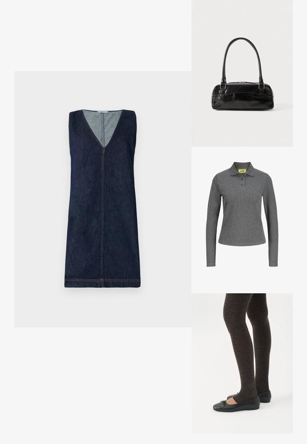 Tummanharmaa pitkähihaisen poolopaita, jossa on kolme nappia ja resorikangasta, kauluksessa keltainen JJXX-etiketti.; Denim sleeveless dress, tummansininen, V-pääntie, etuvetoketju, vähäiset ompeluyksityiskohdat, suorasiluetti, sileä pinta.; Jalat, joissa tummat ribbineuleiset leggingsit yhdistettynä mustiin balettitossuihin, joissa on pienet rusettikoristeet valkoisella taustalla.; Musta nahkainen käsilaukku suorakulmaisen muotoisena, jossa on yksi rakenteellinen kahva, hopeiset yksityiskohdat ja vetoketjukiinnitys. Suuri tekstuuri.