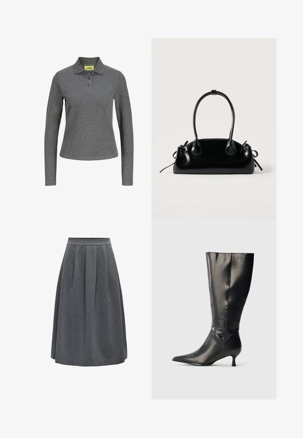 Polo manches longues gris foncé avec trois boutons et tissu côtelé, avec une étiquette jaune JJXX à l'intérieur du col.; Jupe plissée gris foncé de longueur moyenne avec une taille ajustée, conçue pour un usage décontracté ou professionnel.; Botte en cuir noire montant jusqu'au genou, avec un bout pointu et un petit talon bas, présentée sur un fond clair uni.; Petit sac à main noir brillant avec deux longues anses et des détails à cordon sur les côtés sur un fond clair uni.