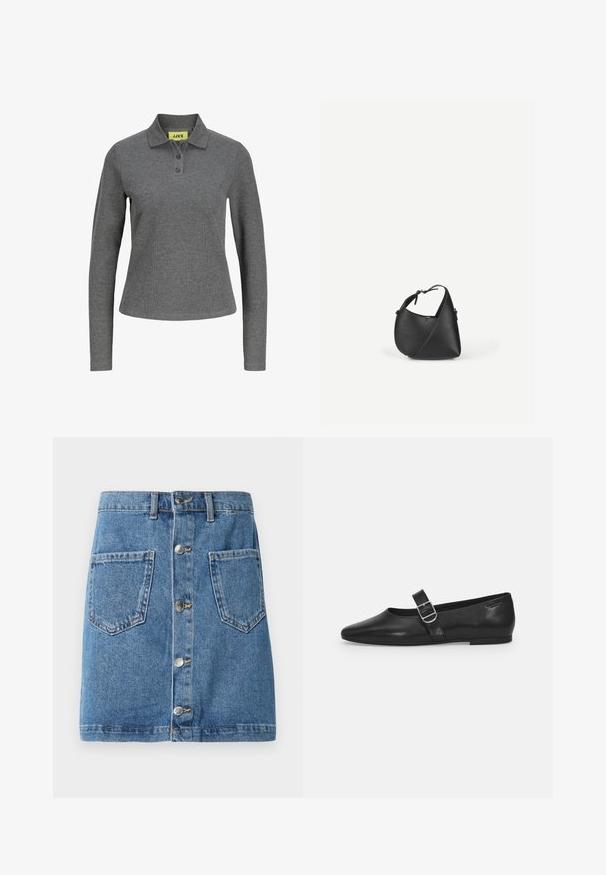 Dunkelgraues Polohemd mit langen Ärmeln, drei Knöpfen und Rippenstoff, mit einem gelben JJXX-Etikett innen am Kragen.; Denimrock in einem hellblauen Farbton, mit einer Frontknopfverschluss, zwei aufgesetzten Taschen und einem geraden Schnitt. Der Stoff hat eine klassische Textur.; Schwarzer Lederflatschuh mit runder Zehenform, einem verstellbaren Schnallenriemen und einer glatten, glänzenden Oberfläche. Minimalistisches Design mit einem niedrigen Absatz.; Schwarze Leder-Umhängetasche mit abgerundeter dreieckiger Form und verstellbarem Riemen vor einem schlichten hellen Hintergrund.