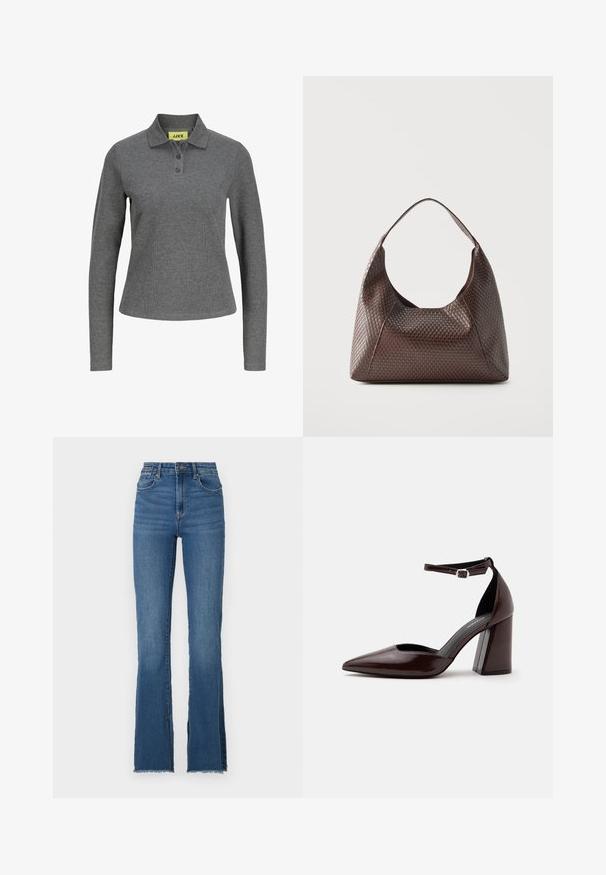 Dunkelgraues Polohemd mit langen Ärmeln, drei Knöpfen und Rippenstoff, mit einem gelben JJXX-Etikett innen am Kragen.; Schwarzblaues Denim mit Schlag, hoher Bund, ausgefranster Saum und fünf Taschen. Glatte Textur mit subtiler Ausbleichung.; Dunkelbrauner Leder-Pumps mit spitzer Kappe, hohem Absatz, Knöchelriemen und silberner Schnalle auf weißem Hintergrund.; Braune gewebte Lederschultertasche mit einem einzelnen breiten Riemen und einem lockeren, halbmondförmigen Körper.